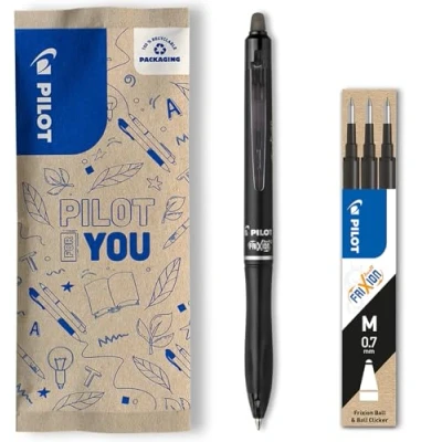 Abbildung von PILOT FriXion Ball 07 Plus Set 1 Stift + mit 3 Minen Radierbarer Gel Tintenroller Druckmechanik Nachfüllbar und aus recyceltem Kunststoff Schwarz Mittlere Spitze