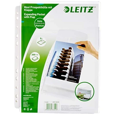 Abbildung von Leitz Maxi Prospekthüllen Set mit Klappen, 5 Stück, A4 Format, Ausdehnbar, Kapazität für 200 Blatt, 0,17 mm PVC Hartfolie, 47573003