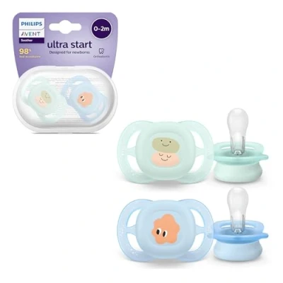 Abbildung von Philips Avent Ultra Start Schnuller, kiefergerecht geformter Schnuller für Neugeborene, BPA frei, mit Sterilisations ,Transportbehälter, Doppelpack, grün,blau, Modell SCF075/04