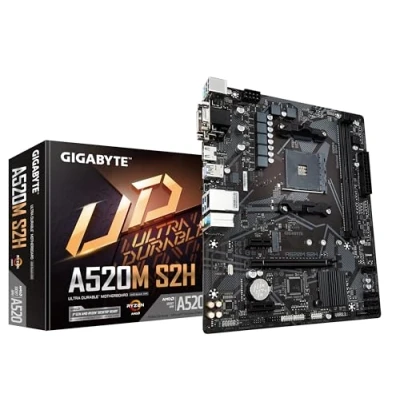 Abbildung von GIGABYTE A520M S2H Mainboard Unterstützt AMD Ryzen 5000 Serie AM4 CPUs, 4+3 Phasen reines digitales VRM, bis zu 5100MHz DDR4 (OC), PCIe 3.0 x4 M.2, GbE LAN, USB 3.2 Gen 1