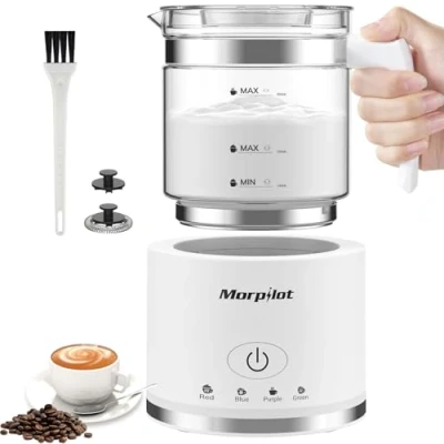 Abbildung von Morpilot Milchaufschäumer Elektrisch, 500ml 600W, 4 in 1 Milchschäumer für Heißer und Kalter, Spülmaschinenfest, Visuelles Glas, Latte Design, Schwarz