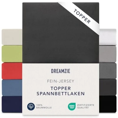 Abbildung von Dreamzie Premium Topper Spannbettlaken 140x200 cm 160x200 extra niedriger Seitenhöhe für Topperauflage Spannbetttuch Jersey Baumwolle, 150 g/m² Oeko TEX Schwarz