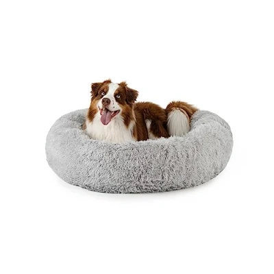 Abbildung von lionto Donutbett für Hunde und Katzen, Flauschiges Hundebett rund kleine große Heimtiere, Ø 100 cm, weiches Katzenbett aus kuscheligem Plüsch, Hundekissen mit extra Dicker Füllung, hellgrau