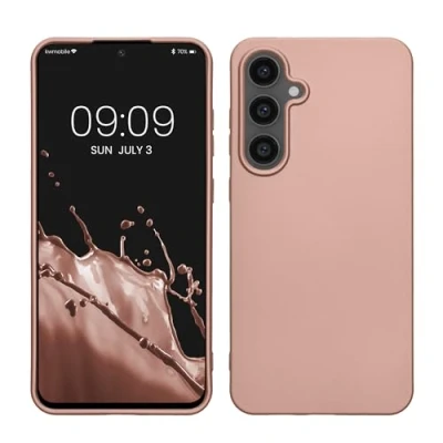 Abbildung von kwmobile Case kompatibel mit Samsung Galaxy S24 FE Hülle Schutzhülle aus Silikon metallisch schimmernd Handyhülle Metallic Rosegold
