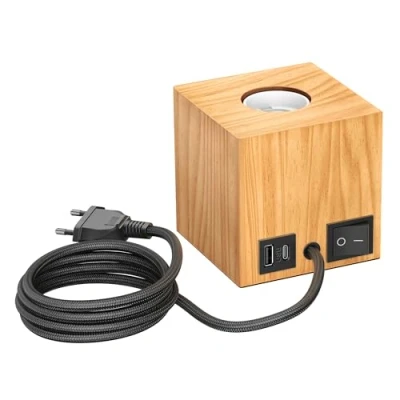 Abbildung von ledscom.de Tischlampe HITO, Schalter, USB, Echtholz (Gummibaum), quadratisch, hellbraun, 1x E27 max. 60W, Skandinavisch, Nachttischlampe, Nordisch, Minimalistisch, Tischlampe, Holzsockel