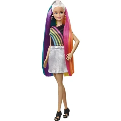 Abbildung von Barbie FXN96 Regenbogen Glitzerhaar Puppe mit Langen blonden Haaren, versteckter aus fünf Farben, Glitzergel, Haarbürste,Haarstyling Zubehör, Spielzeug Geschenk für Kinder ab 5 Jahren