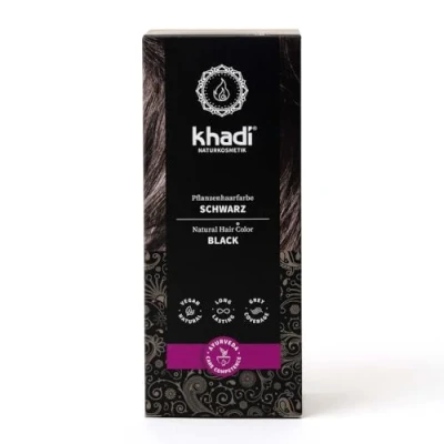 Abbildung von khadi SCHWARZ Pflanzenhaarfarbe, Färbt Dein Haar in einem geheimnisvollen Tiefschwarz, ohne Blaustich, 100% pflanzlich, natürlich &amp; vegan, Zertifizierte Naturkosmetik, 100g