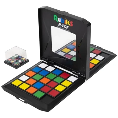 Abbildung von Rubik’s Race das Spiel für 2 Rubiks Fans ab 7 Jahren, rasantes strategisches Schiebe und Logikspiel basierend auf dem klassischen Original Rubik&#039;s Cube Farbschema