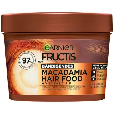 Abbildung von Garnier Fructis Macadamia Haarmaske, Leave In für trockenes und widerspenstiges Haar, Natürlich sanftes Haargefühl, Glättende Wirkung Anti Frizz Wirkung, Ohne Silikone, Hair Food, 3in1, 400ml