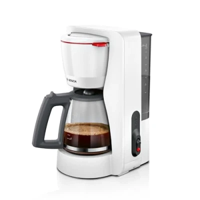 Abbildung von Bosch Filterkaffeemaschine MyMoment TKA2M111, Glaskanne 1,25 L, für 10 15 Tassen, 40min Warmhaltefunktion, Tropfstopp, schwenkbarer Filterträger, abnehmbarer Wassertank, 1200 Watt, Weiß matt