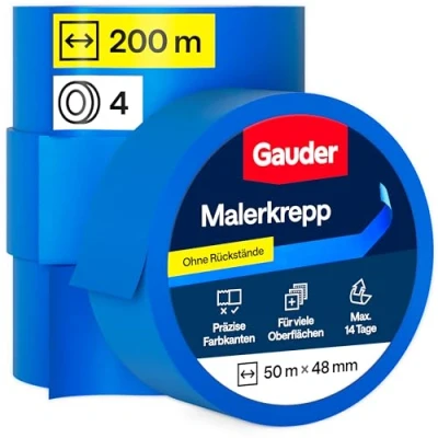 Abbildung von GAUDER Malerkrepp (48 mm x 50 m) 4x Kreppband für Malerarbeiten und Renovierungen Abklebeband zum Streichen, Lackieren, Renovieren