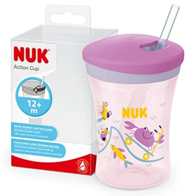 Abbildung von NUK Action Cup Trinkbecher Kinder 12+ Monate 230 ml Drehdeckel mit weichem Strohhalm auslaufsicher BPA frei lila Krabbe