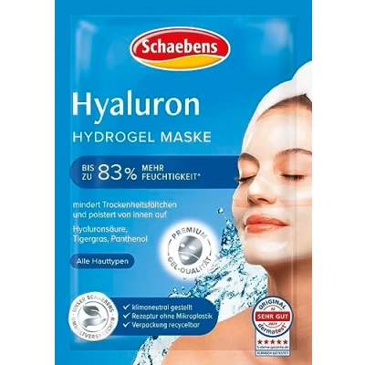 Abbildung von Schaebens Hyaluron Hydrogel Maske Mega Booster spendet intensive Feuchtigkeit und polster auf. Mit Hyaluronsäure, Tigergras Panthenol für alle Hauttypen.