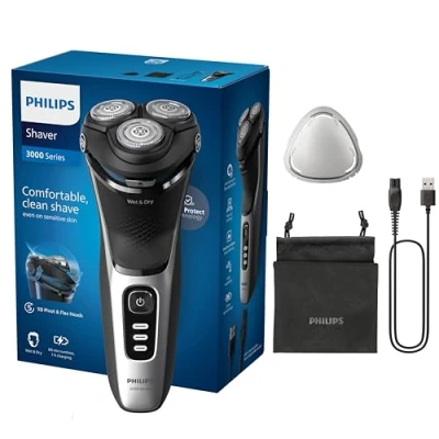 Abbildung von Philips Shaver Series 3000 Elektrischer Nass und Trockenrasierer für Männer in Schwarz, mit SkinProtect Technologie, ausklappbarem Bartschneider Reisetasche, kabellos (Modell S3241/12)