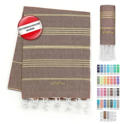 Abbildung von LeStoff Premium Hamamtuch 100% Bio Baumwolle Vorgewaschen, Nachhaltig, Saugstark &amp; Schnelltrocknend Strand, Bade, Dusch, Yoga, Spa Reise Tuch (95 x 180 cm, Brown Gold)
