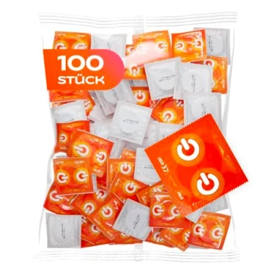 Abbildung von ON) Kondome Stimulation I 54 mm Breite 100 Stück Packung Premium genoppt dünne 0,07 Wandstärke vegan für Männer Condoms for men