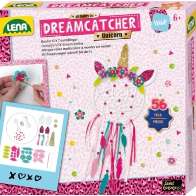 Abbildung von Lena 42701 Bastelset Dreamcatcher Einhorn, 56 Teile Komplettset zum Traumfänger basteln mit Ring, farbige Bänder &amp; Schnüre, Kunststoff Nadel, Perlen und Stoff Blumen, Set für Kinder, Mittel