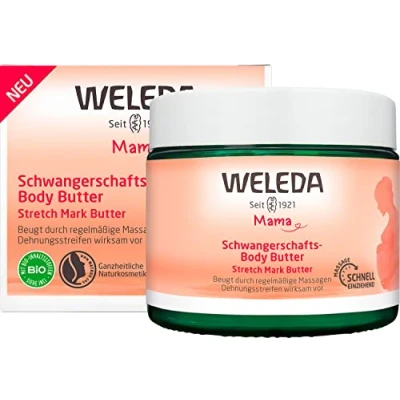 Abbildung von WELEDA Bio Mama Schwangerschaft Body Butter vegane Naturkosmetik Babybauch Massage Körperbutter zur Dehnungsstreifen Vorbeugung. Hautpflege Körpercreme mit Sheabutter &amp; Kakaobutter (1x 150ml)