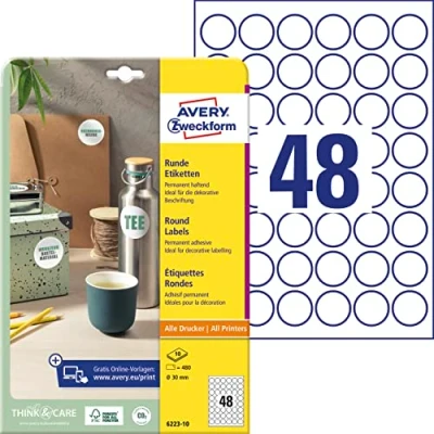 Abbildung von AVERY Zweckform 6223 10 runde Etiketten (480 Klebepunkte, Ø30mm auf A4, Aufkleber zum Bedrucken, selbstklebende Produktetiketten, permanent haftende Marmeladenetiketten) Blatt, weiß