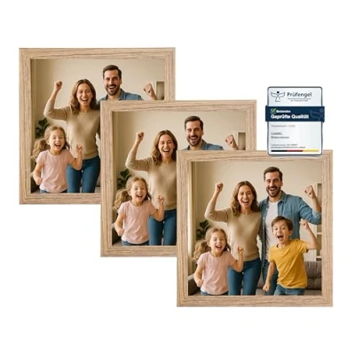 Abbildung von CABBEL Bilderrahmen 25x25 cm aus MDF Acrylglas bruchsicher Eiche 3er Pack Quadratischer Fotorahmen zum Aufstellen oder Aufhängen Modern &amp; stabil