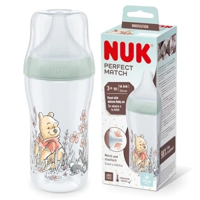 Abbildung von NUK Perfect Match Babyflasche Ab 3 Monate Passt sich dem Baby an Temperature Control Anti Colic 260 ml BPA frei Silikontrinksauger, Medium Disneys Winnie Puuh