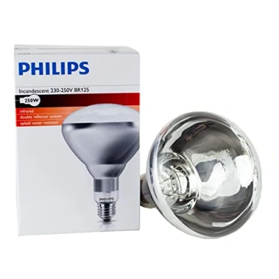 Abbildung von Philips Infrarotlampe 250 Watt BR125IR E27 230 250V Kolben silber Front klar