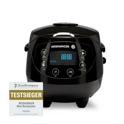 Abbildung von REISHUNGER Digitaler Reiskocher klein, schwarz 0,6 L bis 3 Personen Warmhaltefunktion, Timer &amp; Premium Topf Kleiner Multikocher Dampfgarer, 8 Programme, 7 Phasen Technologie