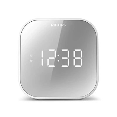 Abbildung von Philips Wecker mit Radio, Radio verspiegeltem Display, Digitalradio Doppelalarm, Sleep Timer &amp; Schlummer Funktion, tragbar Batterie Backup, USB Anschluss