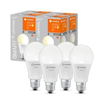 Abbildung von LEDVANCE Smarte LED Lampe mit WiFi Technologie, Sockel E27, Dimmbar, Warmweiß (2700 K), ersetzt Glühlampen 60 W, SMART+ Classic Dimmable, 4er Pack