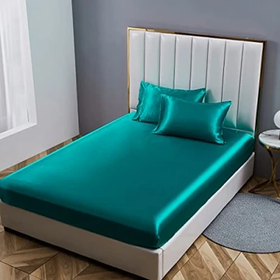Abbildung von Damier Spannbettlaken 140x200cm Türkis Satin Seide Glänzend Bettlaken Hochwertiges Deluxe Unifarben Spannbetttuch, geeignet für Matratzen bis 25cm, 140 x 200 30 cm