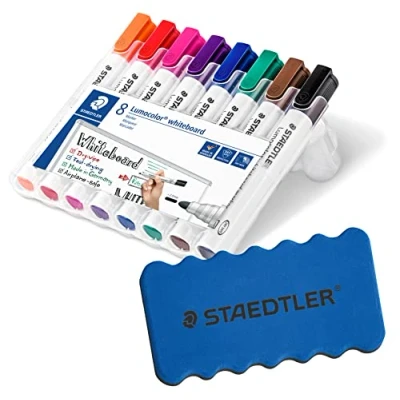 Abbildung von Staedtler Lumocolor 351 WP8 Whiteboardmarker, Rundspitze, 2 mm, aufstellbare Box mit 8 farben + original Löscher