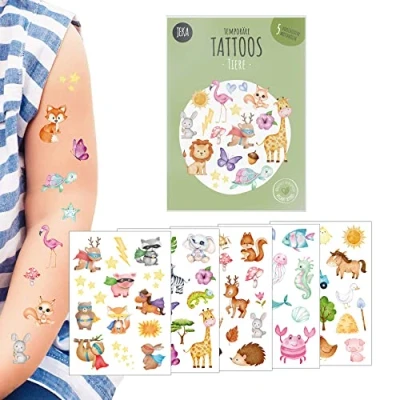 Abbildung von Hautfreundliche Kindertattoos zum Aufkleben Motiv Tiere, Kinder Tattoo Set mit 5 Bögen, Tiere Tattoos Kinder, Kindertattoos, 100% Vegan und Hergestellt in Österreich, JEKA