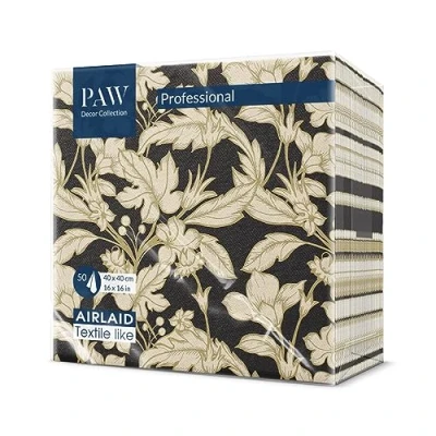 Abbildung von PAW Servietten aus Airlaid Stoffähnlich (40 x 40 cm) I 50 Stück Ideal für Hochzeit, Taufe, Kommunion, Geburtstag Stoffservietten Gold, Blätter, BlumenI, Schwarz Farbe: Floral Pattern