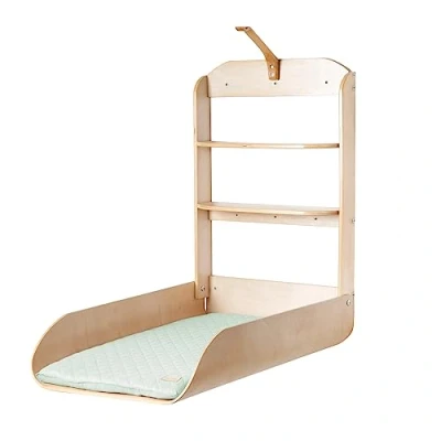 Abbildung von roba Wandwickelregal Klappbares Wickelregal aus Holz natur + Wickelauflage Style Frosty green Wandwickeltisch mit 2 Ablagefächern &amp; gebogenen Seiten