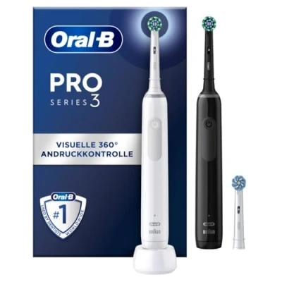 Abbildung von Oral B Pro 3 3900 Elektrische Zahnbürste/Electric Toothbrush, Doppelpack &amp; Aufsteckbürsten, Putzmodi, 360 Andruckkontrolle für Zahnpflege, Designed by Braun, Geschenk Mann/Frau, White/Black