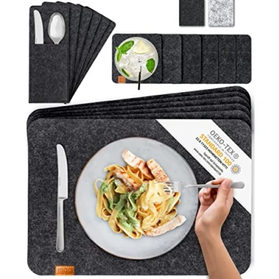 Abbildung von MIQIO Tischset aus Filz 18er Tisch Untersetzer Set abwaschbar 6 Platzsets, Glasuntersetzer, Bestecktaschen dunkelgrau Filzuntersetzer eckig