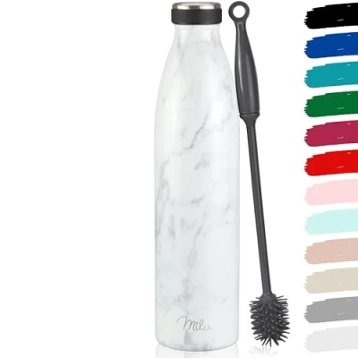 Abbildung von Milu Edelstahl Trinkflasche 350ml, 500ml, 750ml, 1L, 1.5L Thermosflasche, Isolierte Wasserflasche, Auslaufsichere Isolierflasche doppelwandig, Kohlensäure geeignet + Reinigungsbürste (Marble, 1.5L)
