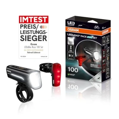 Abbildung von OSRAM LEDsBIKE Race 100 Set, wiederaufladbares Fahrradlichtset, StVZO zugelassenes Front und Rück LED Lichtset mit Bremslicht, Mehrere Beleuchtungsmodi, DREI Helligkeitsstufen, Lux