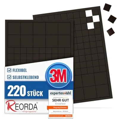 Abbildung von Reorda® Magnetplättchen selbstklebend (220 Stück) Starker 3M Kleber ermöglicht ausgezeichnete Klebekraft Vielseitige Flache Magnete zum basteln &amp; schneiden Ideal nutzbar für Schule Büro