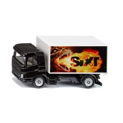 Abbildung von siku 1107, LKW mit Kofferaufbau Sixt, Spielzeug LKW, Metall/Kunststoff, Schwarz/Weiß, Heckklappe zum Öffnen, Drachen Motiv