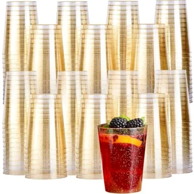 Abbildung von MATANA 150 Premium Plastikbecher, Partybecher, Trinkbecher mit Goldglitter (285ml / 10oz) Hartplastik Becher, Kunststoffbecher, Mehrwegbecher, Cocktailgläser, Plastikgläser für Hochzeiten &amp; Partys