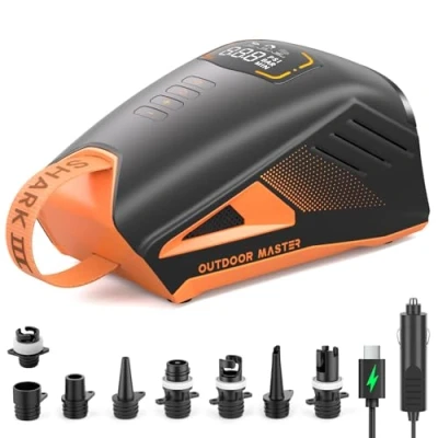 Abbildung von OutdoorMaster Shark 3 SUP Pumpe Elektrisch mit Akku 3&#039;50&quot; Schnelles Aufpumpen, 20PSI 74Wh Luftpumpe Elektrische Auto Off &amp; Entleerung, 12V/15.8V DC Type C Input, 8 Düsen für Inflatables,Boote