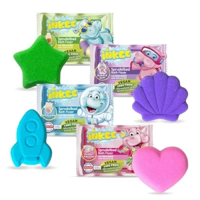 Abbildung von INKEE Bath Fizzer Mix 4er Pack 4x Sprudelbad Kinder Badebomben mit Mandelöl, Badekugeln 20g Aroma 4 verschiedene Fraben, Duften und Formen