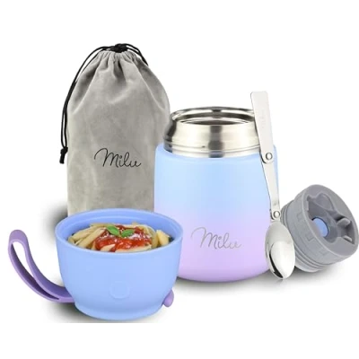 Abbildung von Milu® Thermobehälter 450 ml Edelstahl Warmhaltebehälter Essensbehälter Speisegefäß Babynahrung Essen warmhalten Behälter Thermo Lunchbox Müsli to go Blau Violet, 450ml