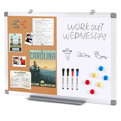 Abbildung von Swansea Whiteboard Magnettafel und Pinnwand Kork mit Aluminiumrahmen für Wohnung, Büro, Küche Schule, 60X45cm