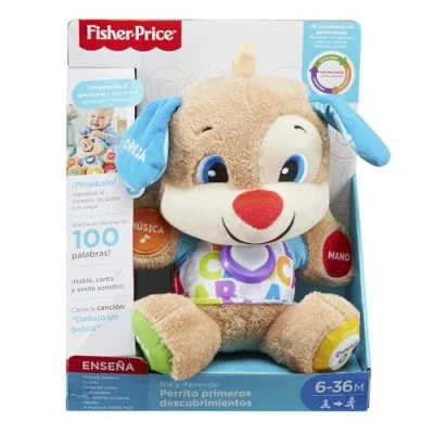 Abbildung von Fisher Price Lernspaß Hündchen mit drei Stufen sprechendes Kuscheltier Musik als Kinderspielzeug und Baby Spielzeug Interaktiver Teddybär, Version: Spanisch, FPM53