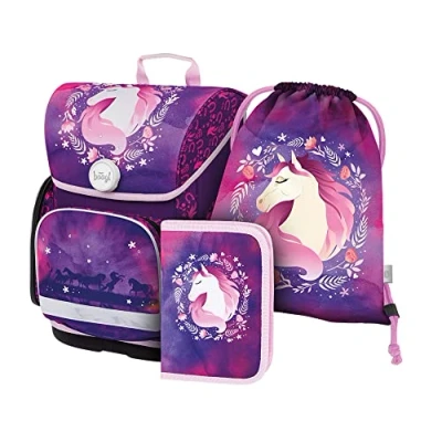 Abbildung von Baagl Schulranzen Mädchen Set 3 Teilig, Ergo Schultasche für 1. Klasse, Ergonomische Grundschule Ranzen Tornister mit Brustgurt (Pferd)