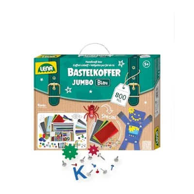 Abbildung von Lena 42665 Bastelkoffer mit 800 Teile Farben, Material zum Basteln, Moosgummi, Buntpapier, Pompon, Bänder, Kulleraugen, Holzstiele und vielem mehr, ab 5 Jahre, Jumbo Kräftig