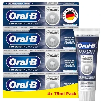 Abbildung von Oral B Pro Expert Advanced Zahncreme, 24 Stunden Plaque Vorbeugung, Grüne Minze, Made in Germany, Zahnpasta, 4x 75 ml Pack