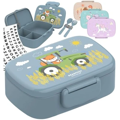 Abbildung von BEARFOOT Brotdose Kinder mit Fächern, BPA frei, Lunchbox, Bento box, Brotbox, Mädchen &amp; Jungen, Snackbox, 100% auslaufsicher, Vesperbox für Kindergarten, Schule (TraktorFuchs)